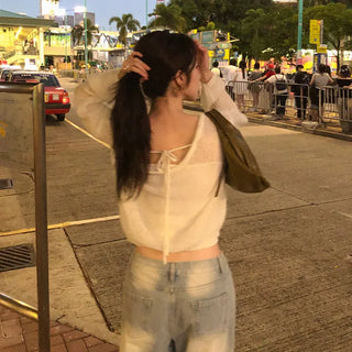 Heyron Backless Ribbon Round Hairy Long Sleeve Knit