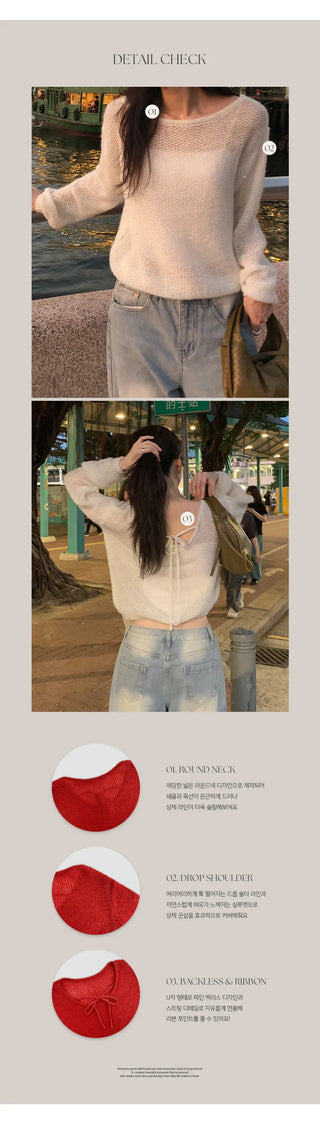 Heyron Backless Ribbon Round Hairy Long Sleeve Knit