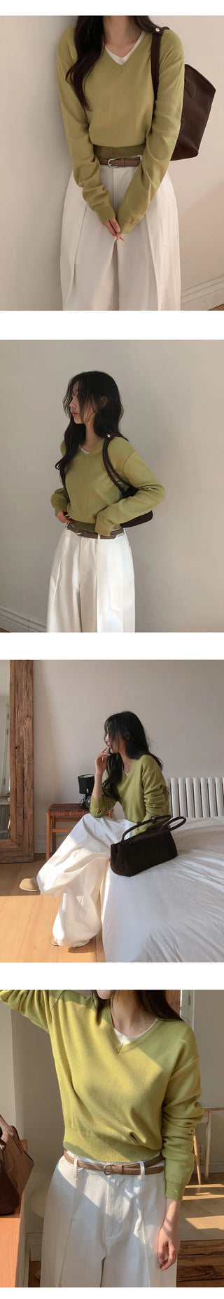 Vienta V neck Ribbed Long Sleeve Knit