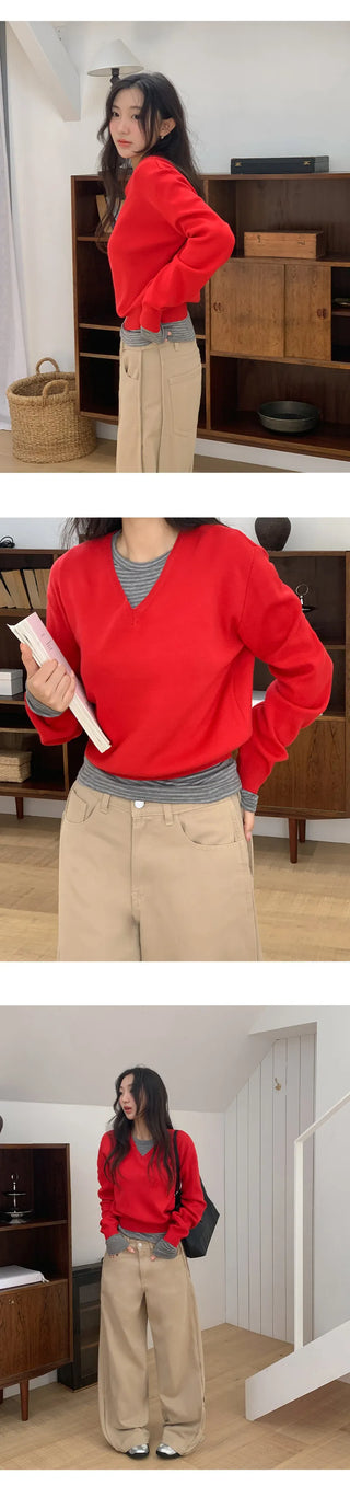 Vienta V neck Ribbed Long Sleeve Knit