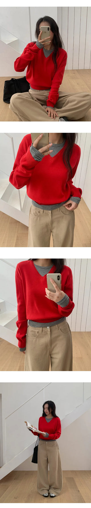 Vienta V neck Ribbed Long Sleeve Knit