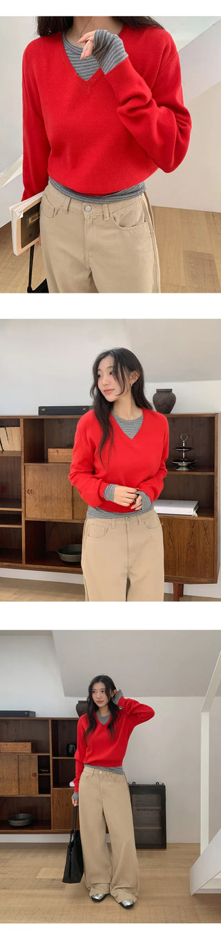 Vienta V neck Ribbed Long Sleeve Knit