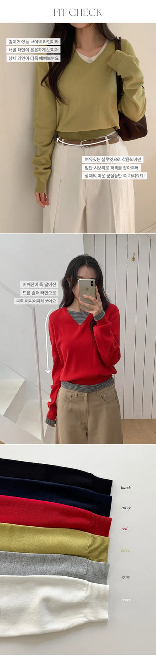 Vienta V neck Ribbed Long Sleeve Knit