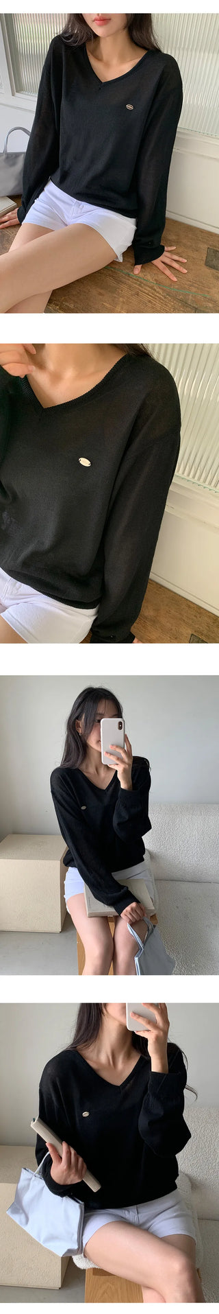 Siamon V neck Pendant Long sleeve Knit Cardigan