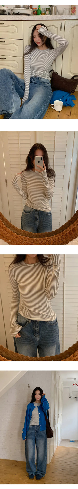 Rodif Round Stripe Slim Fit Long Sleeve T shirt