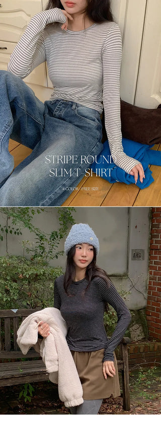 Rodif Round Stripe Slim Fit Long Sleeve T shirt