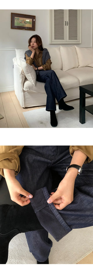 Tammy Non Faded Raw Brushed Spandex Semi Wide Denim Pants
