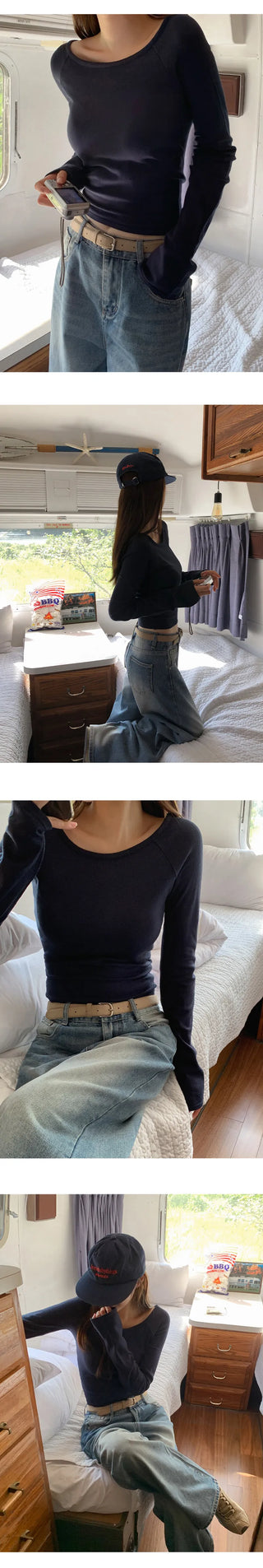 Belint U neck Slim Fit Long Sleeve Knit
