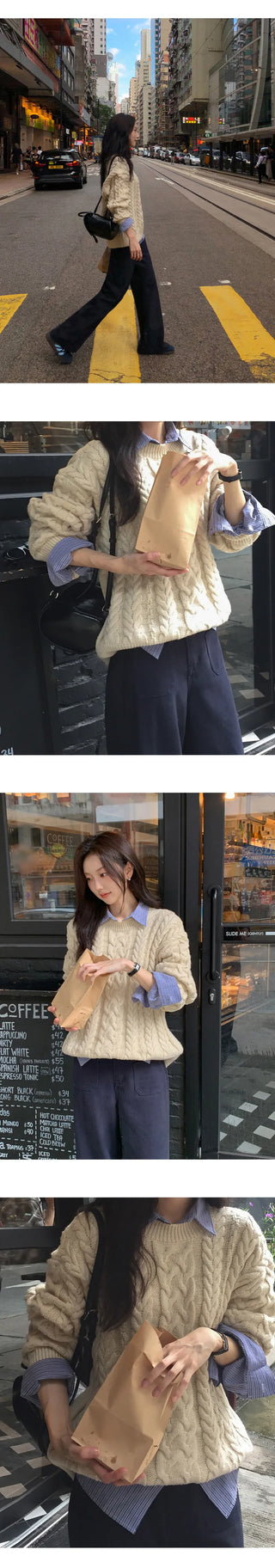 Edintz Loose Fit Round Cable Knit Long Sleeve Knit