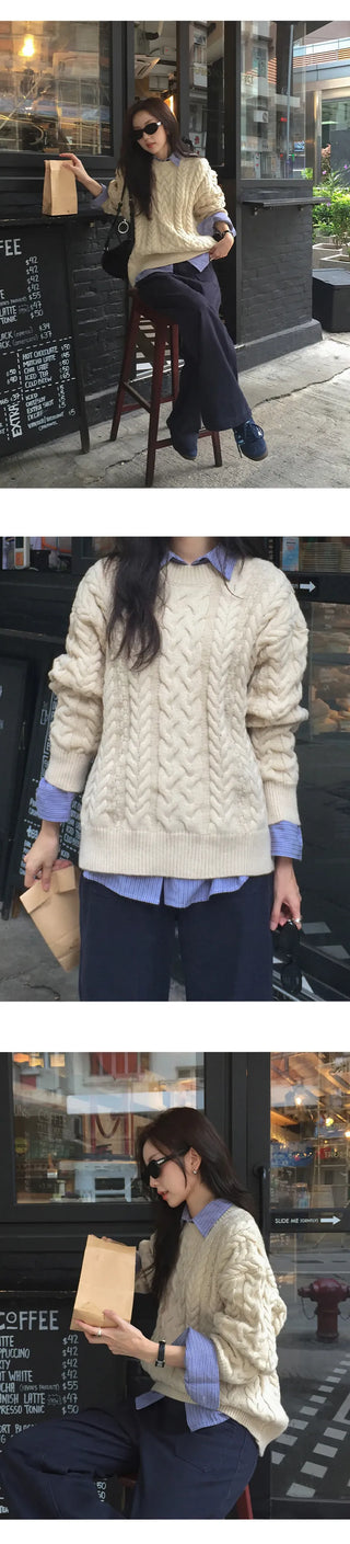 Edintz Loose Fit Round Cable Knit Long Sleeve Knit