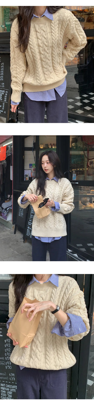 Edintz Loose Fit Round Cable Knit Long Sleeve Knit
