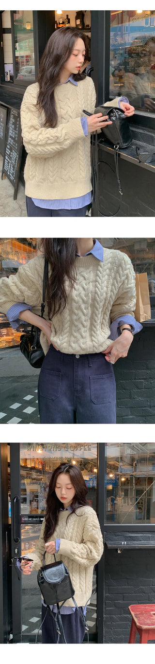 Edintz Loose Fit Round Cable Knit Long Sleeve Knit