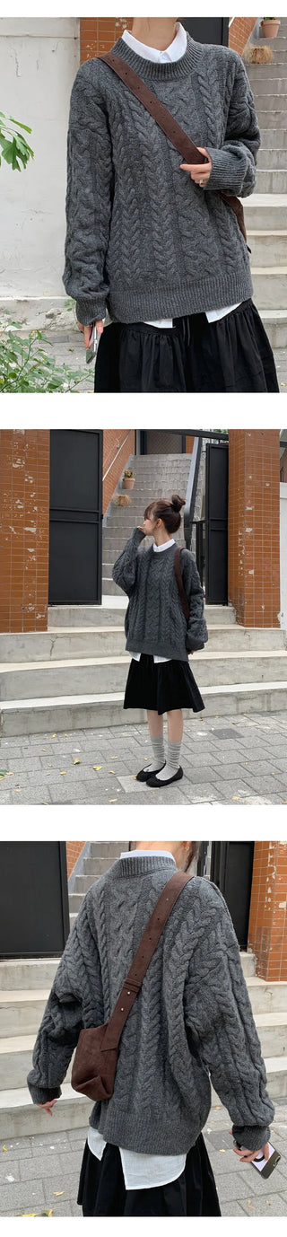 Edintz Loose Fit Round Cable Knit Long Sleeve Knit