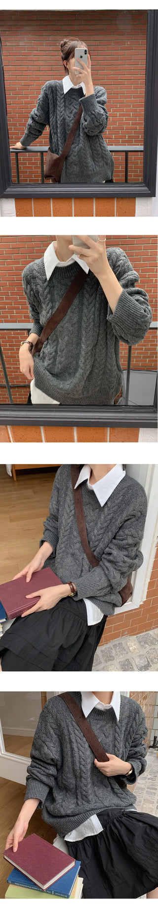Edintz Loose Fit Round Cable Knit Long Sleeve Knit