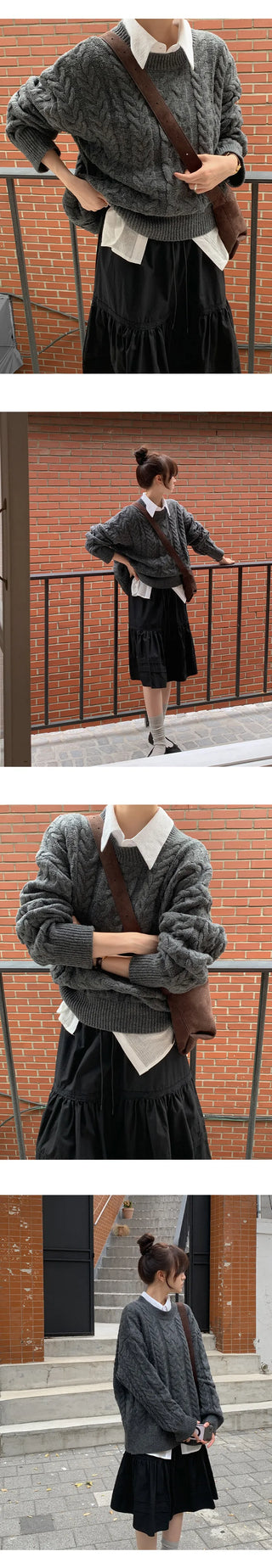 Edintz Loose Fit Round Cable Knit Long Sleeve Knit