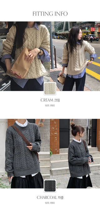 Edintz Loose Fit Round Cable Knit Long Sleeve Knit