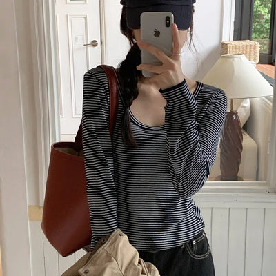 Veint Viscose U neck Striped Long Sleeve T shirt