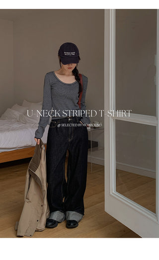 Veint Viscose U neck Striped Long Sleeve T shirt