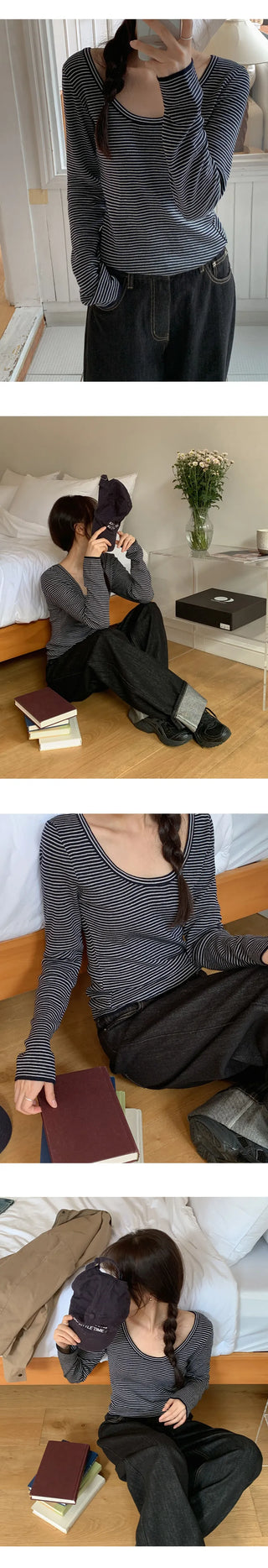 Veint Viscose U neck Striped Long Sleeve T shirt