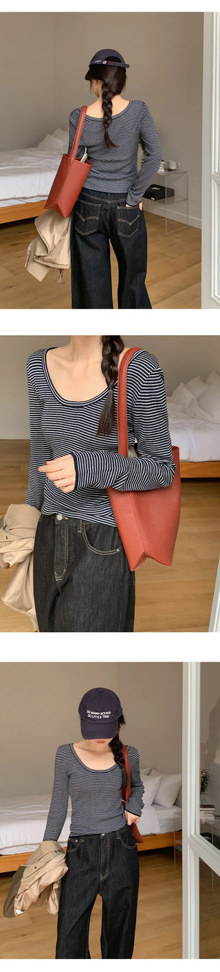 Veint Viscose U neck Striped Long Sleeve T shirt