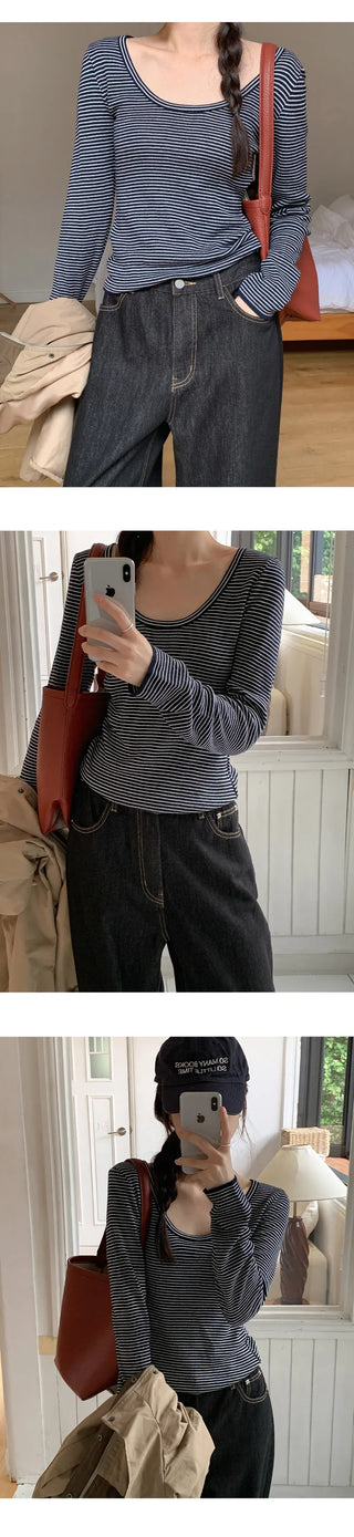 Veint Viscose U neck Striped Long Sleeve T shirt