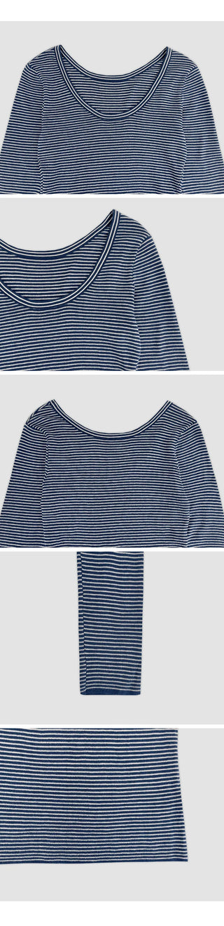 Veint Viscose U neck Striped Long Sleeve T shirt