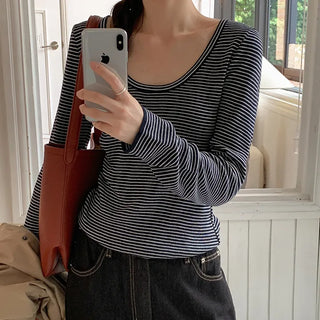 Veint Viscose U neck Striped Long Sleeve T shirt