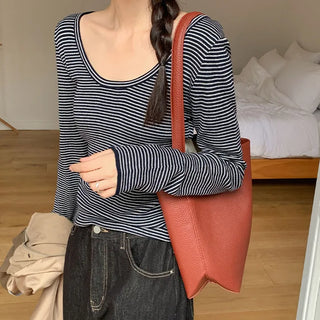 Veint Viscose U neck Striped Long Sleeve T shirt