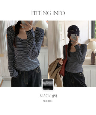 Veint Viscose U neck Striped Long Sleeve T shirt