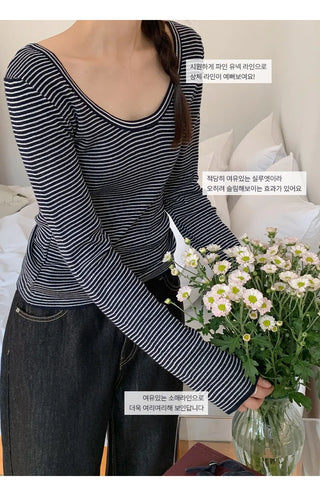 Veint Viscose U neck Striped Long Sleeve T shirt