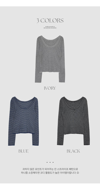 Veint Viscose U neck Striped Long Sleeve T shirt