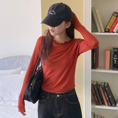 Blenin Wool Lyocell Wavy Long Sleeve T shirt