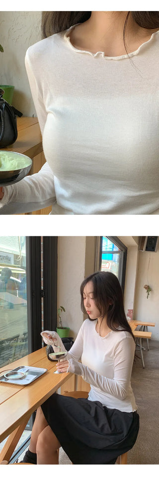Blenin Wool Lyocell Wavy Long Sleeve T shirt
