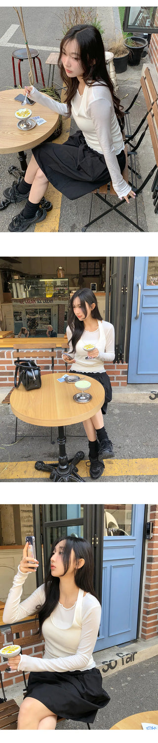 Blenin Wool Lyocell Wavy Long Sleeve T shirt
