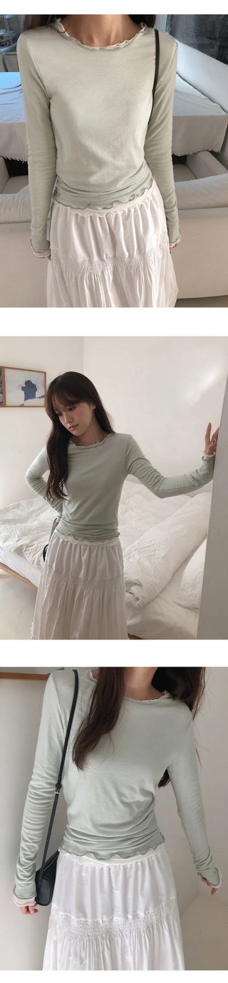 Blenin Wool Lyocell Wavy Long Sleeve T shirt