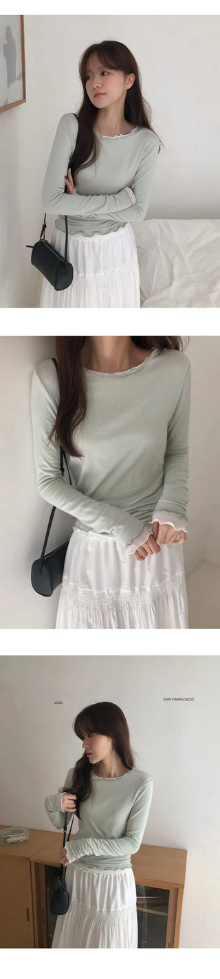 Blenin Wool Lyocell Wavy Long Sleeve T shirt
