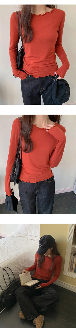 Blenin Wool Lyocell Wavy Long Sleeve T shirt