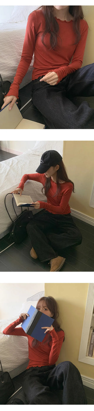 Blenin Wool Lyocell Wavy Long Sleeve T shirt