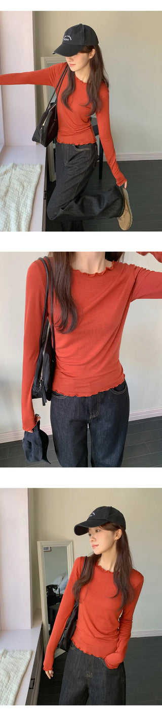 Blenin Wool Lyocell Wavy Long Sleeve T shirt