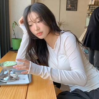 Blenin Wool Lyocell Wavy Long Sleeve T shirt