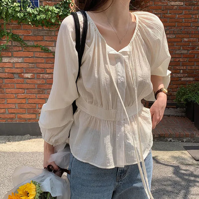 Lerond Wrinkle Shirred String Long Sleeve Blouse