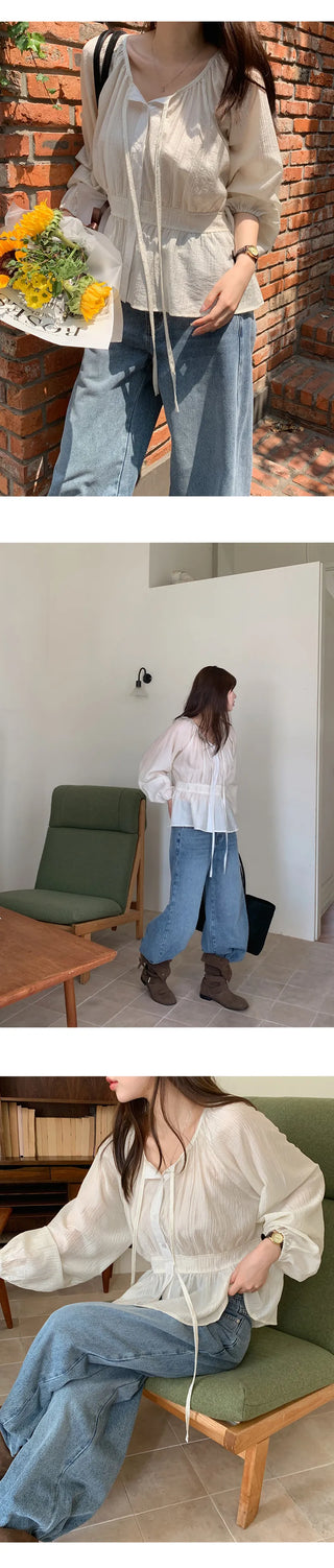 Lerond Wrinkle Shirred String Long Sleeve Blouse