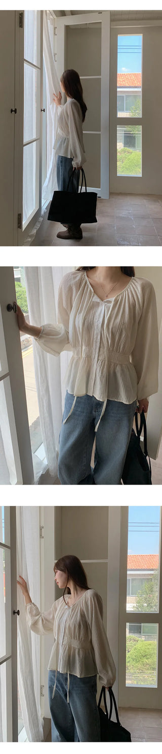 Lerond Wrinkle Shirred String Long Sleeve Blouse