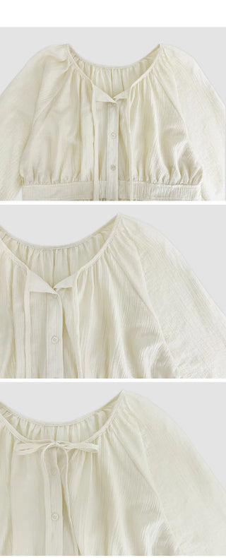 Lerond Wrinkle Shirred String Long Sleeve Blouse