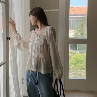 Lerond Wrinkle Shirred String Long Sleeve Blouse