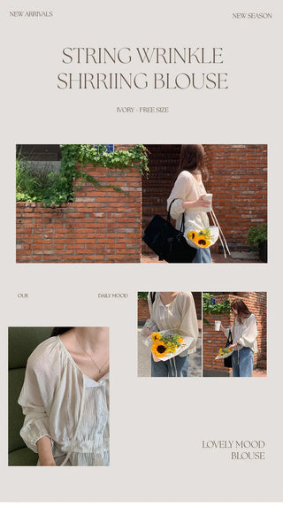 Lerond Wrinkle Shirred String Long Sleeve Blouse
