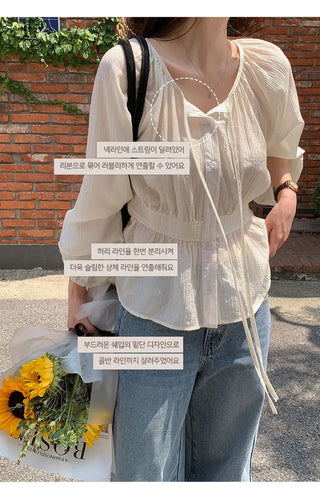 Lerond Wrinkle Shirred String Long Sleeve Blouse