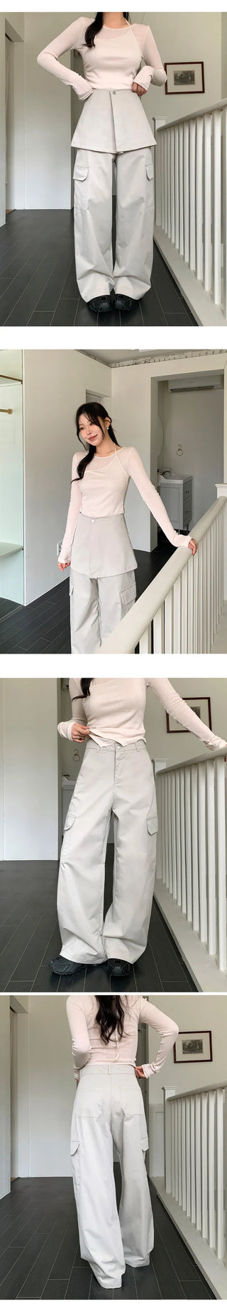 Tirn Wide Cargo Pants Layered Skirt Set