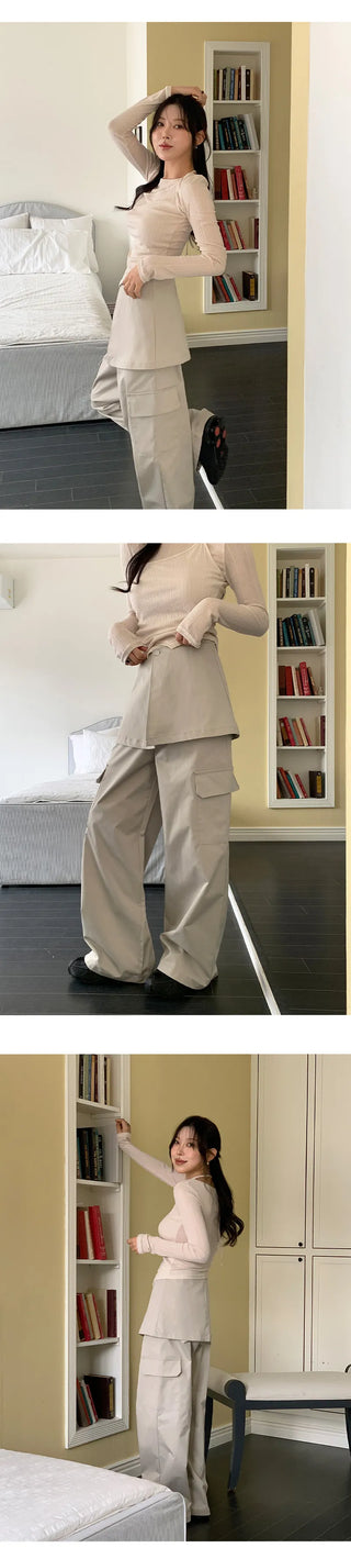 Tirn Wide Cargo Pants Layered Skirt Set