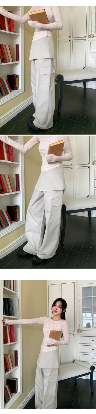 Tirn Wide Cargo Pants Layered Skirt Set